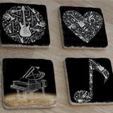 Siyah Beyaz Müzik Görselleri Doğal Taş Bardak Altlığı 4'lü set - Natural Stone Coasters