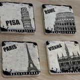 Siyah Beyaz Pisa Kulesi Roma Paris Venedik Doğal Taş Bardak Altlığı 4'lü set - Natural Stone Coasters