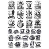 Siyah Beyaz Retro Uzay Sticker Set 28 Parça Telefon, Tablet, Defter, Laptop Sticker