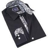 Siyah Beyaz Yaka ve Manşet Içi Şal Desenli Slim Fit Erkek Gömlek