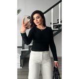 Siyah Bisiklet Yaka Ekru Geçişli Yarı Transparan Bluz