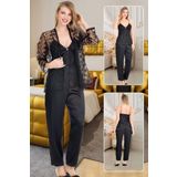 Siyah Brode Dantel Sabahlıklı Saten Pijama Takımı, L, LD15250-198IGP101179