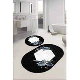 Siyah Çiçekli Banyo Halısı Klozet Oval Paspas Seti BS090