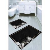 Siyah Çiçekli Banyo Halısı Klozet Takımı Paspas Seti BS014