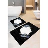 Siyah Çiçekli Desen Banyo Halısı Klozet Paspas Seti BS048