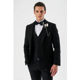 Siyah Çıkarılabilir Şal Yaka Yelekli Likralı 6 Drop Slim Fit Smokin Damatlık 1001240202
