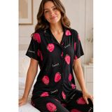 Siyah Çilek Desenli Kısa Kollu Gömlek Yaka Milan Kumaş Kadın Pijama Takımı