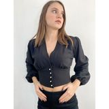 Siyah Crop Top Bluz Gömlek Tasarım Hediye Büyük Beden Mezuniyet Balo - 2XS