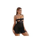 Siyah Dantel Detaylı Babydoll, İnce Askılı, Şeffaf Tül, Seksi İç Giyim