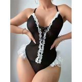 Siyah Dantel İşlemeli Sırt Dekolteli Body