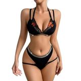 Siyah Dantel Nakışlı Üçgen Bra ve Tanga Seti, Rhinestone Detaylı, Halter Yaka, 2 Parça İç Çamaşırı (l)