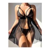 Siyah Dantelli Derin Dekoteli Tül Babydoll Gecelik