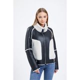 Siyah Deri Ceket, Beyaz Kürklü, Dik Yaka, Içi Kürklü Şık Deri Ceket - 111622 - 2XL