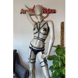 Siyah Deri Fantezi Jartiyer Harness Takım