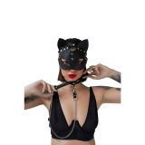 Siyah Deri Kedi Maskesi, Metal Perçinli, Tasma Zinciri ile, Kostüm Aksesuarı, Kadın