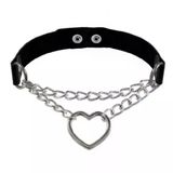 Siyah Deri Tasma Kalp Zincirli 37 Cm Choker Çıt Çıtlı Bayan Kolye