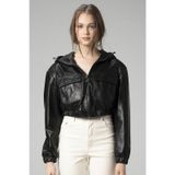 Siyah Dericlub Wm036 Kapüşonlu Gerçek Deri Crop Mont