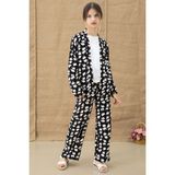 Siyah Desenli Bluzlu Geniş Paça Pantolonlu Kız Çocuk 3lü Takım 20762 - 10 Yaş