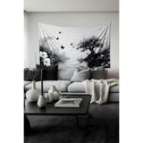 Siyah Doğa Manzarası Desenli Duvar Halısı Duvar Örtüsü Tapestry Süetimsi Dokulu%100 Polyester Kumaş