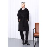 Siyah Düğmeli Uzun Cepli Kürk Kaban - 38 - 40