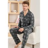 Siyah Ekose Desenli önden Düğmeli Elegant Erkek pijama takımı - 2XL