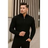 Siyah Erkek Oversize Fermuarlı Balıkçı Triko Kazak - XL