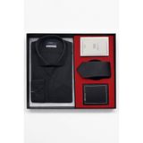 Siyah Erkek Stil Slim Fit Hediye Kutulu Gömlek, Kravat, Parfüm Ve Cüzdan Seti