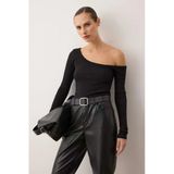 Siyah Fitted/Vücuda Oturan Omzu Açık Fitilli Pamuklu Esnek Örme Bluz