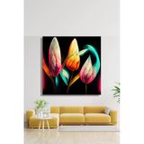 Siyah Fonda Neon Ve Soyut Lale Motiflerine Sahip Dekoratif Kare Kanvas Tablo 4275