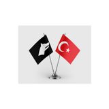 Siyah Göktürk Bayrağı ve Türk Bayrağı İkili Saten Masa Bayrağı Takımı