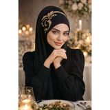 Siyah Gold Motif Simli Abiye Şal