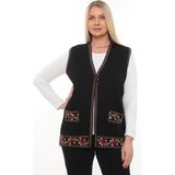 Siyah Güllü Nakışlı Kışlık Kalın Düğmeli Cepli Triko Anne Yelek - 2XL