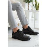 Siyah Hakiki Deri Lastik Bağcıklı Kalın Tabanlı Erkek Casual Sneaker Ayakkabı 152-20541