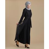 Siyah Ikili Abaya Transparan Kristal Tasli Kemerli Tesettur Ferace