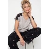Siyah İnci açık gri v yaka Dantelli desenli Viskon Örme Pijama Takım 8065