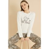 Siyah İnci beyaz leopar desenli Pamuklu Örme Pijama Takım 7819