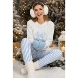 Siyah İnci Beyaz Mavi Çizgili Fiyonk Nakışlı Polar Kışlık Örme Pijama Takım - Beyaz - Mavi - XL
