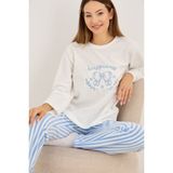 Siyah İnci Beyaz Mavi Çizgili Fiyonk Nakışlı Polar Kışlık Örme Pijama Takım - Beyaz - Mavi