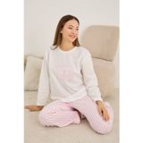 Siyah İnci beyaz pembe çizgili fiyonk Nakışlı Polar Kışlık Örme Pijama Takım