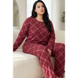 Siyah İnci bordo ekose desenli Düğmeli Pamuklu Likralı Büyük Beden Battal Boy Örme Pijama Takım26240871