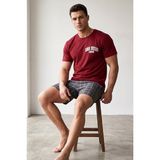 Siyah İnci Bordo Füme Ekose Desenli Baskılı Örme Kısa Kollu Şortlu Pijama Takım 8005 - 3XL