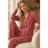 Siyah İnci Bordo Leopar Alt-Üst Polar Kışlık Düğmeli Örme Hırkalı Pijama Takım 26222700