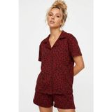 Siyah İnci bordo leopar desenli Gömlek Yaka Düğmeli Örme Şortlu Pijama Takım 8055