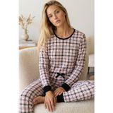Siyah İnci ekose desenli Pamuklu Likralı Bisiklet Yaka Örme Pijama Takım26240282