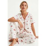 Siyah İnci ekru leopar fiyonk desenli Yumuşak Tuşe Yazlık Fitilli Pamuklu Örme Pijama Takım 7994
