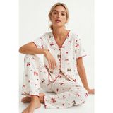 Siyah İnci ekru leopar fiyonk desenli Yumuşak Tuşe Yazlık Fitilli Pamuklu Örme Pijama Takım 7994