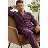Siyah İnci Erkek Ekoseli %100 Pamuklu Örme Düğmeli Pijama Takım 7985 - Mor Ekose - 3XL