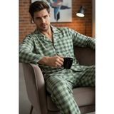 Siyah İnci Erkek Ekoseli %100 Pamuklu Örme Düğmeli Pijama Takım 7985 - Yeşil Ekose - 2XL