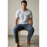 Siyah İnci gri Lacivert Ekose Desenli Baskılı Örme Kısa Kollu Pijama Takım 8006