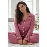 Siyah İnci gül kurusu desenli Düğmeli Büyük Beden Polar Kışlık Örme Pijama Takım